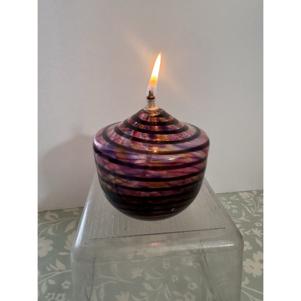 Vintage Fire Island Hand Blown Glass Oil Lamp Purple Swirl With Wick Signed ML‎